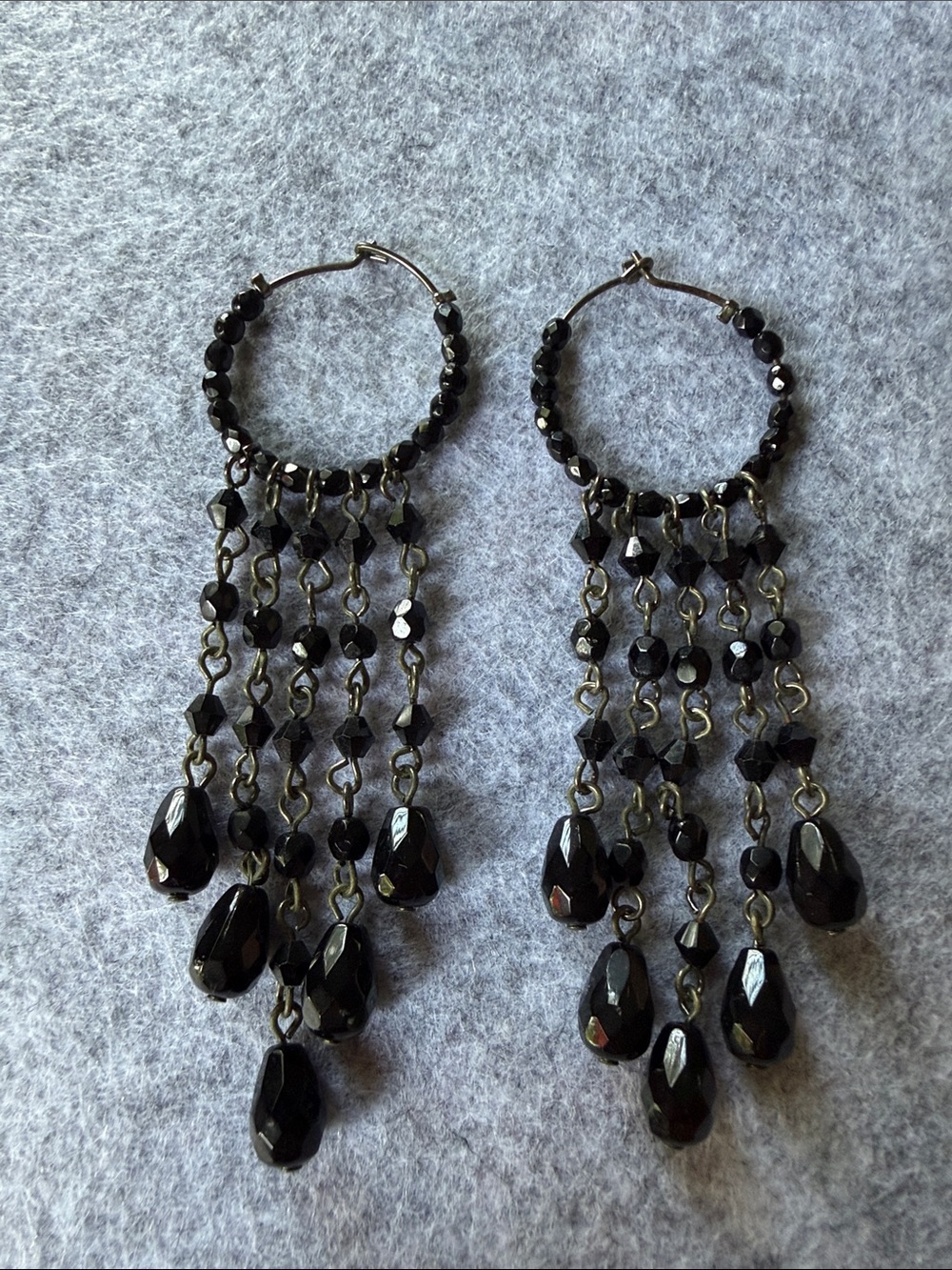 Black beaded hoop chandelier earrings